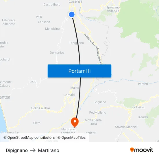 Dipignano to Martirano map