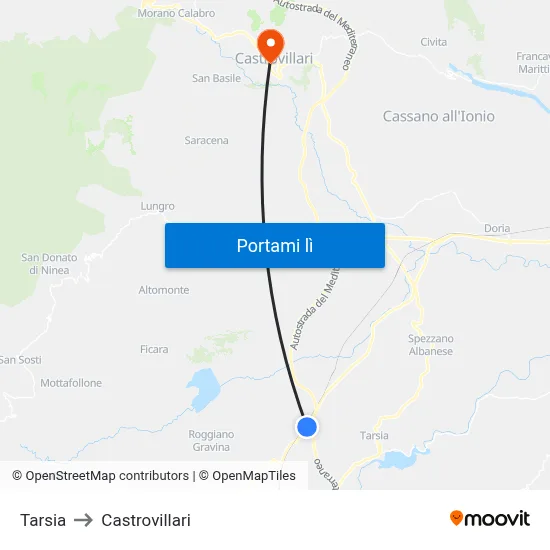 Tarsia to Castrovillari map