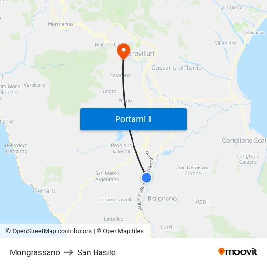 Mongrassano to San Basile map