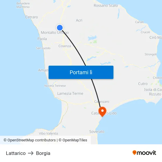 Lattarico to Borgia map