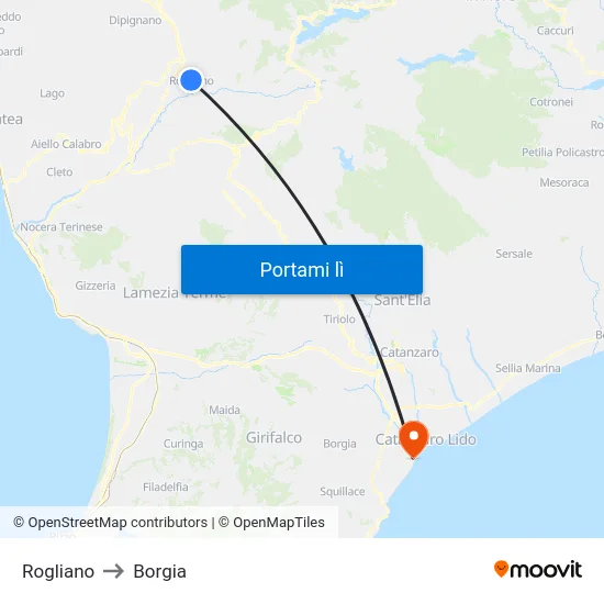 Rogliano to Borgia map