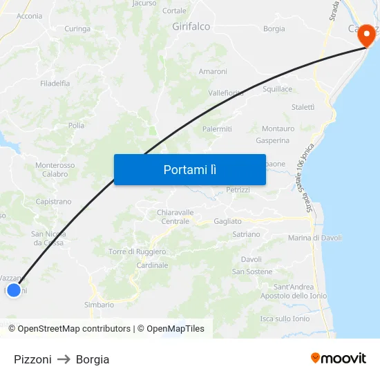 Pizzoni to Borgia map