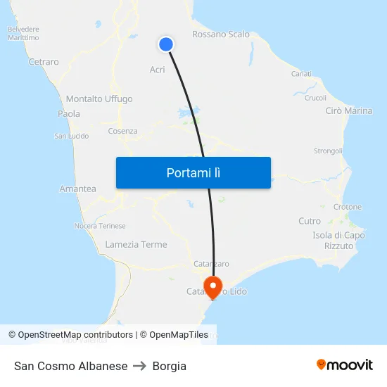 San Cosmo Albanese to Borgia map