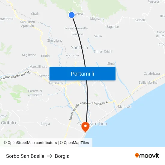 Sorbo San Basile to Borgia map
