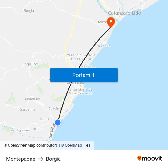 Montepaone to Borgia map