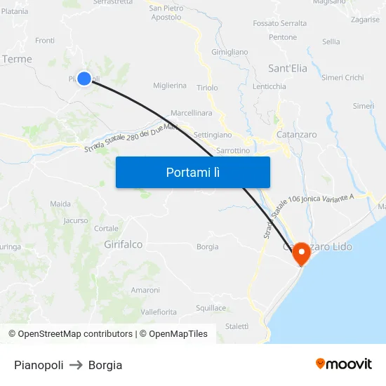Pianopoli to Borgia map