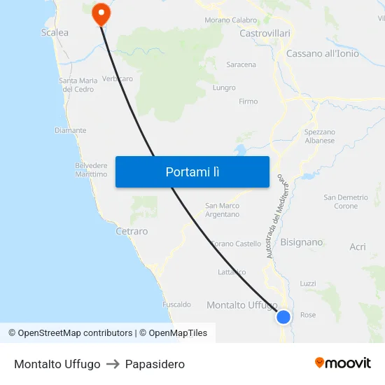 Montalto Uffugo to Papasidero map