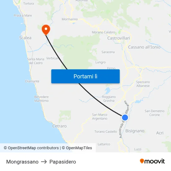 Mongrassano to Papasidero map