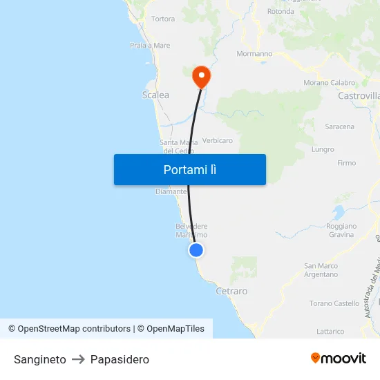 Sangineto to Papasidero map