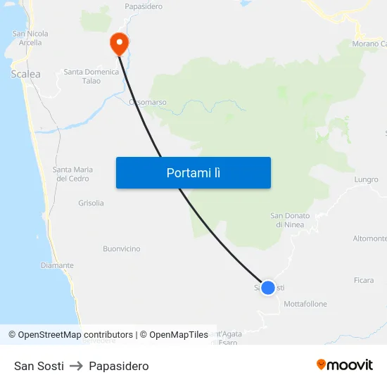 San Sosti to Papasidero map