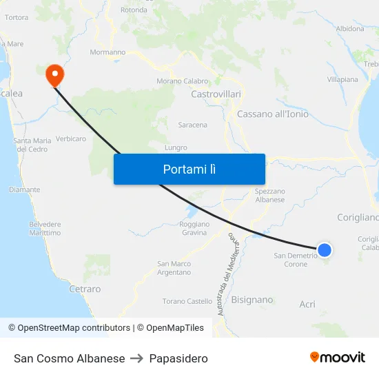 San Cosmo Albanese to Papasidero map