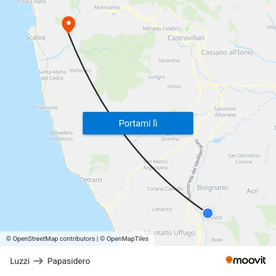 Luzzi to Papasidero map
