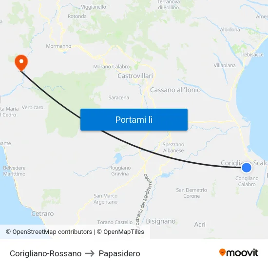 Corigliano-Rossano to Papasidero map