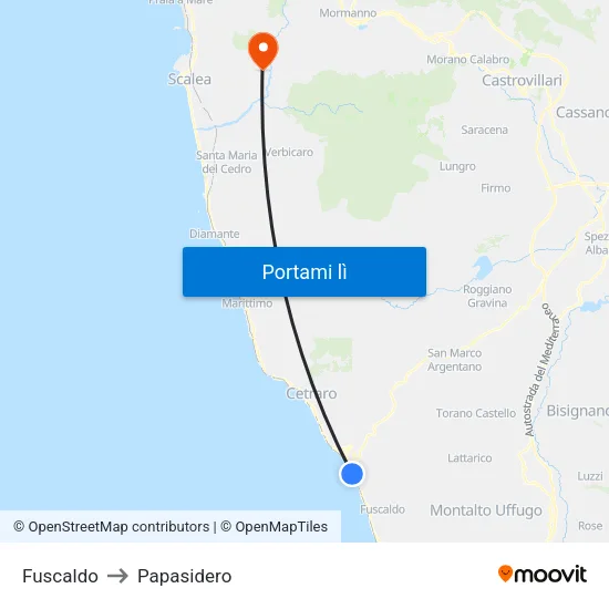 Fuscaldo to Papasidero map