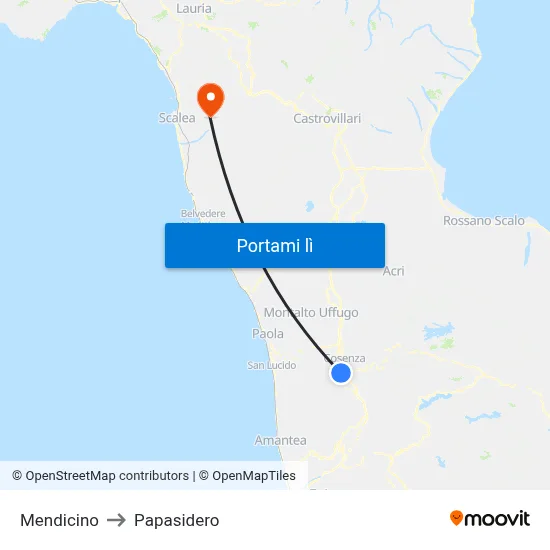 Mendicino to Papasidero map