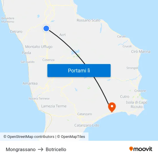 Mongrassano to Botricello map
