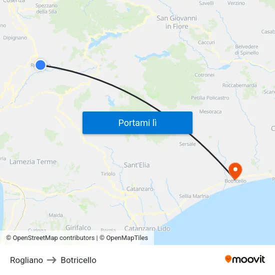 Rogliano to Botricello map