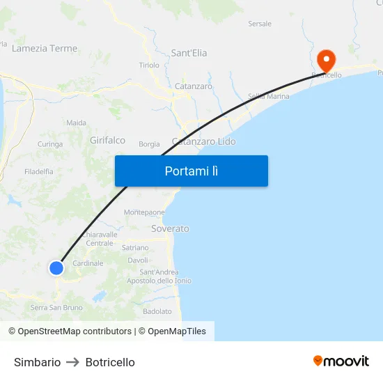 Simbario to Botricello map