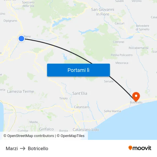Marzi to Botricello map