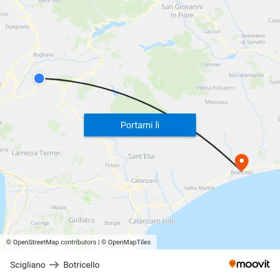 Scigliano to Botricello map