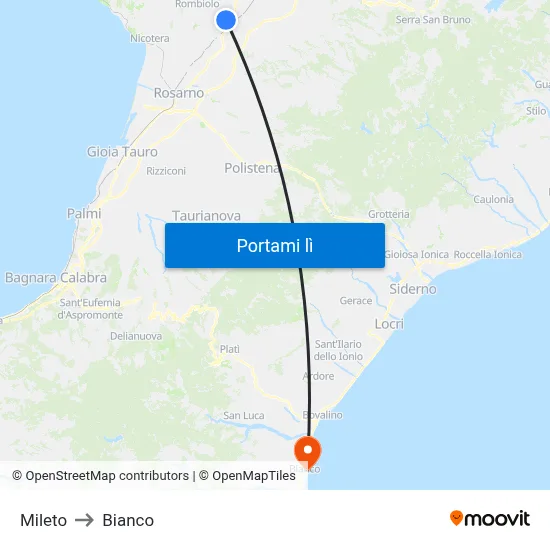 Mileto to Bianco map
