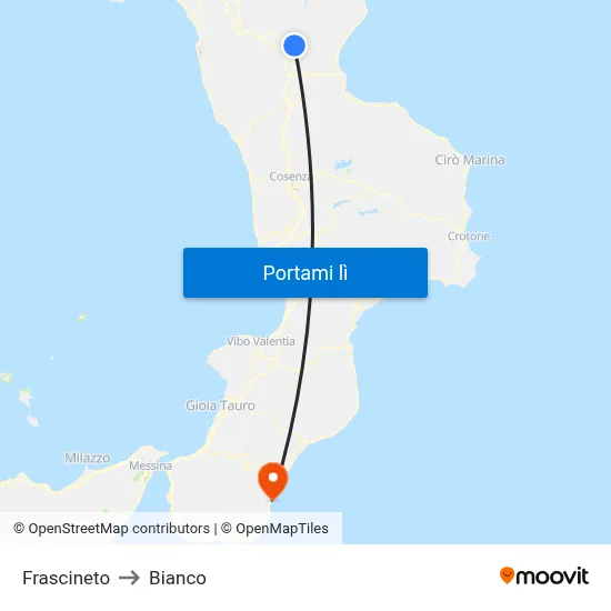 Frascineto to Bianco map