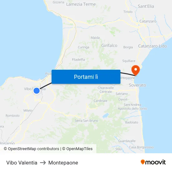 Vibo Valentia to Montepaone map