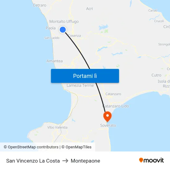 San Vincenzo La Costa to Montepaone map