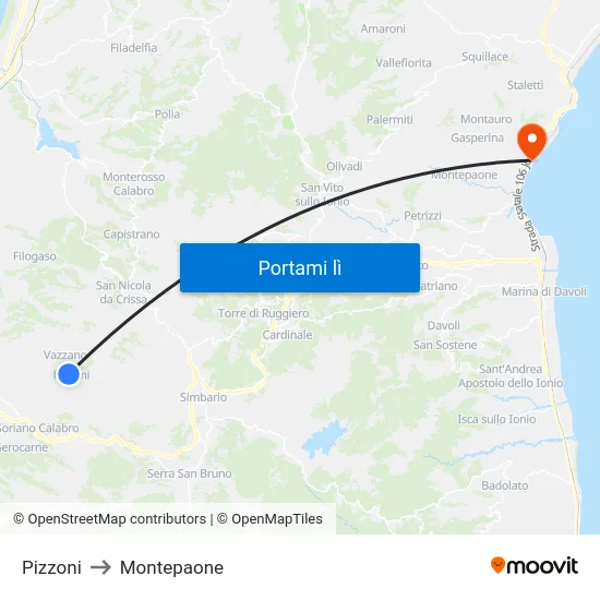 Pizzoni to Montepaone map