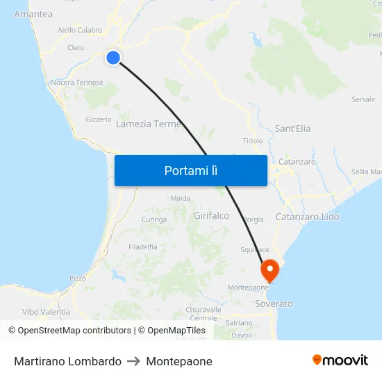 Martirano Lombardo to Montepaone map