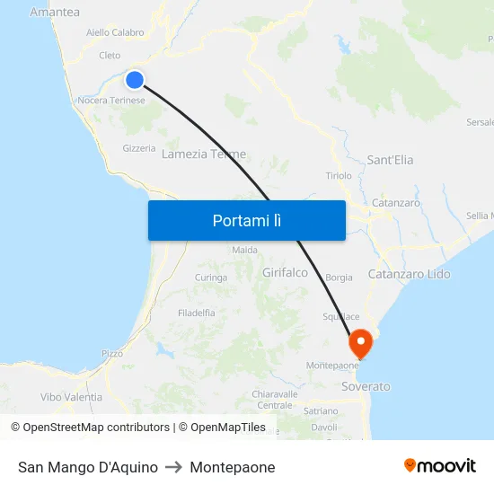 San Mango D'Aquino to Montepaone map