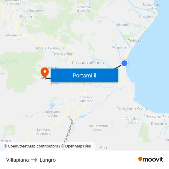 Villapiana to Lungro map