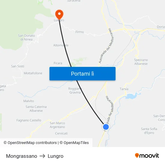 Mongrassano to Lungro map