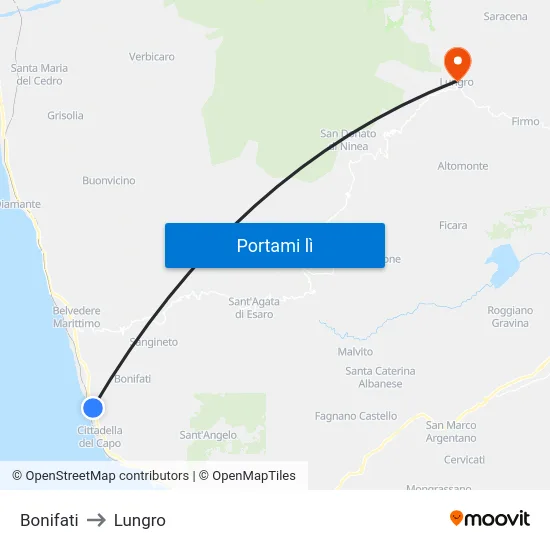 Bonifati to Lungro map