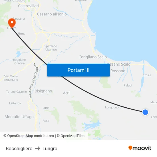 Bocchigliero to Lungro map