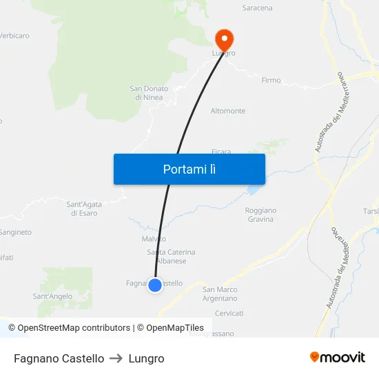 Fagnano Castello to Lungro map