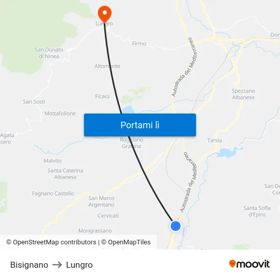 Bisignano to Lungro map