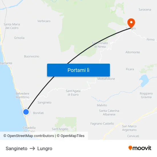 Sangineto to Lungro map