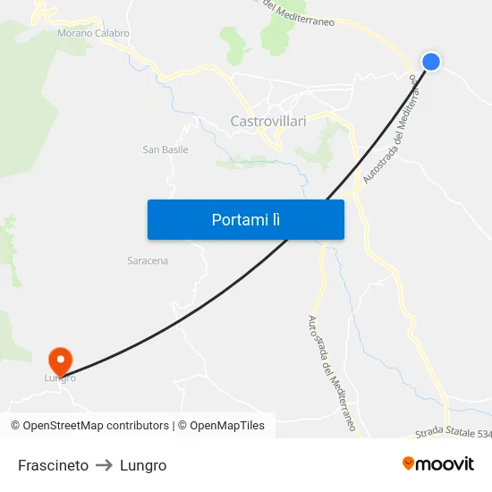Frascineto to Lungro map