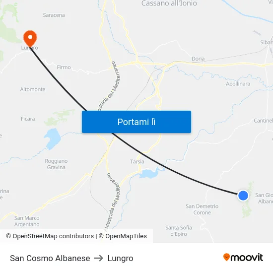 San Cosmo Albanese to Lungro map