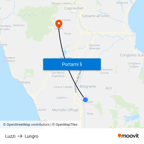 Luzzi to Lungro map