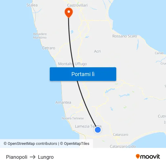 Pianopoli to Lungro map