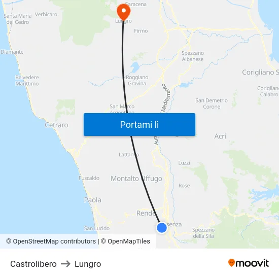 Castrolibero to Lungro map