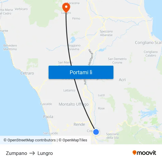 Zumpano to Lungro map