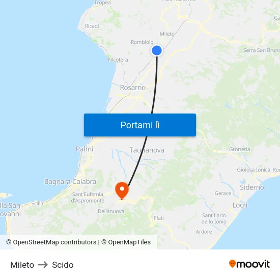 Mileto to Scido map