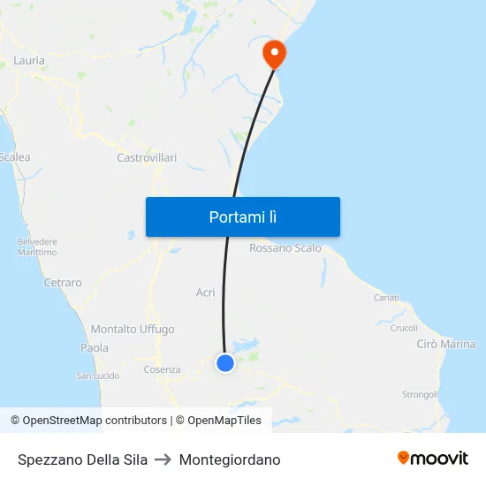 Spezzano Della Sila to Montegiordano map