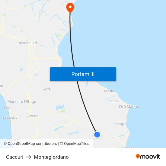 Caccuri to Montegiordano map
