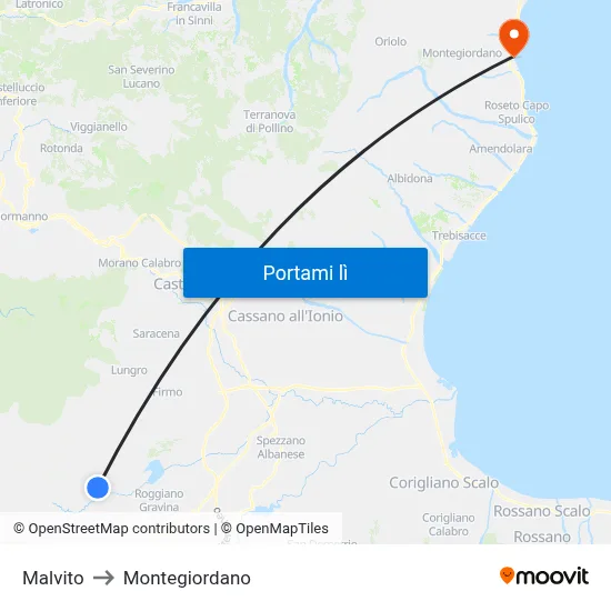 Malvito to Montegiordano map