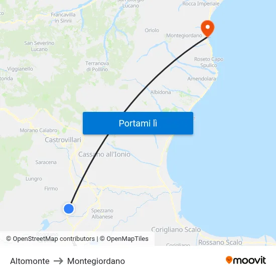 Altomonte to Montegiordano map