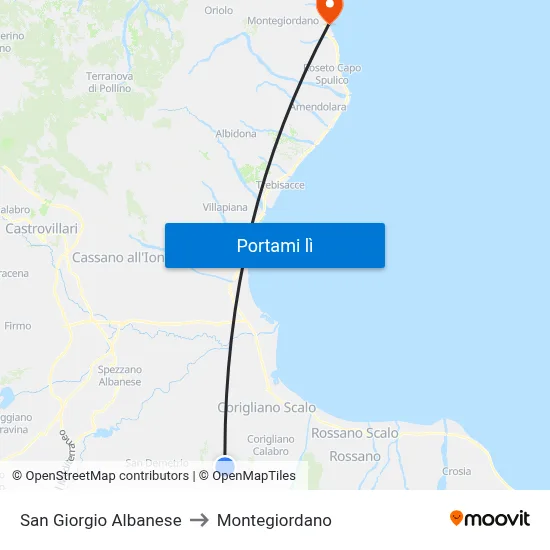 San Giorgio Albanese to Montegiordano map